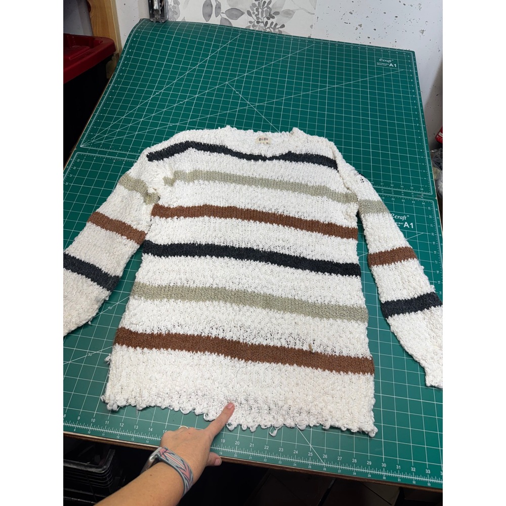 BiBi Womens Small Striped Popcorn Knit Pullover Sweater Distressed Hem White